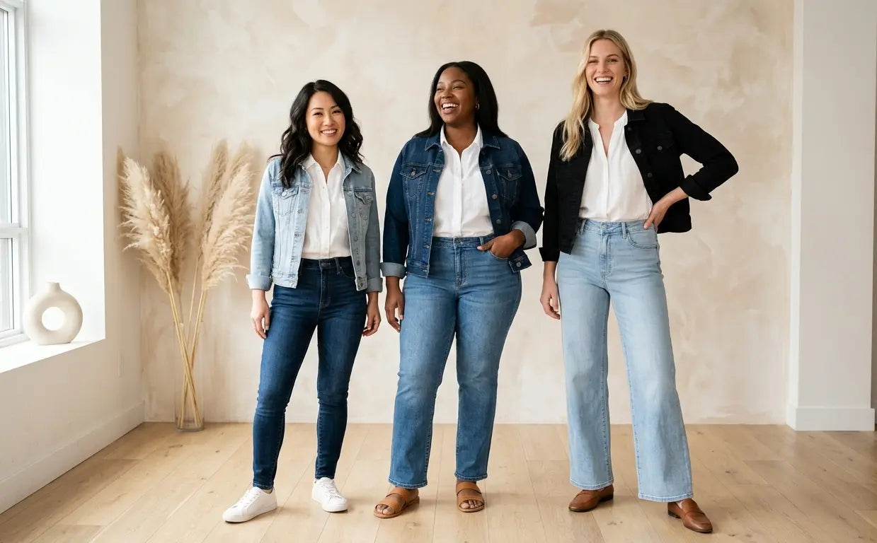 three women of different heights and sizes wearing jeans and posing for camera